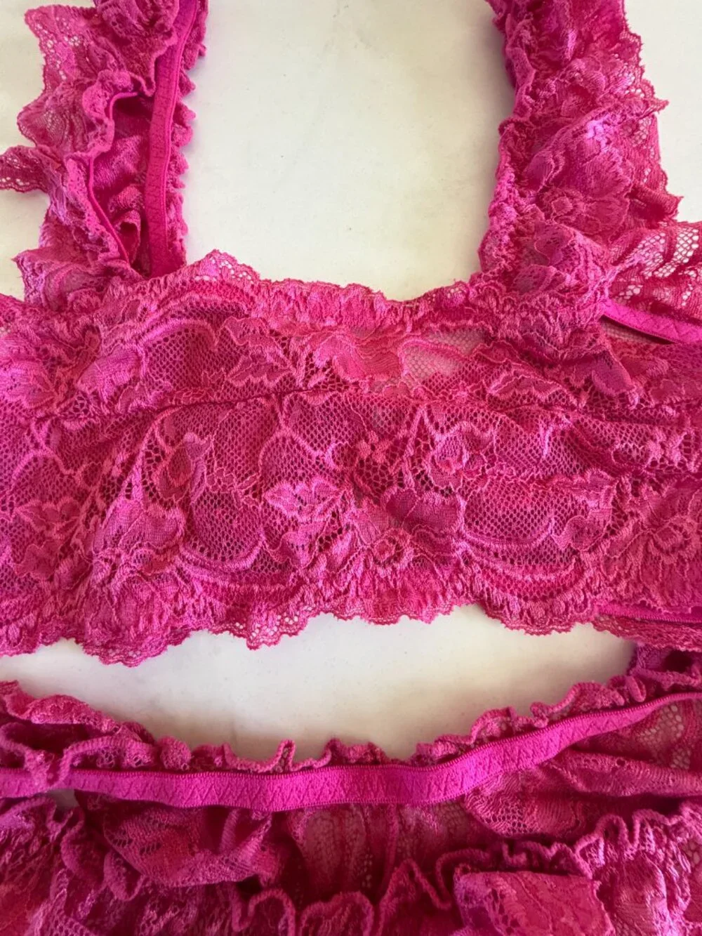 Sexy Shein Floral Lace Heart Ruffle Bralette & Panty Set Pink